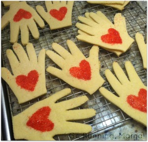 Gifts from the Heart: Helping Hands Heart Cookies- A great edible gift using your little's handprint and artistry at Go Running, Mama!