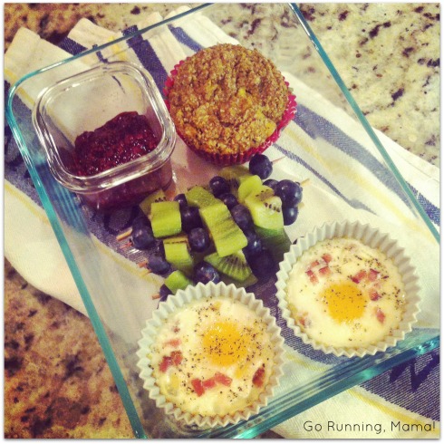 Breakfast on the Run: Bake Egg Cups, fruit skewers, Mango Macadamia Recovery Muffins, and Raspberry Refrigerator Jam from Go Running, Mama!