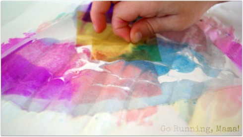 Heart Watercolor Mosaic Paintings- Paint free tissue paper paintings for inspired little minds at Go Running, Mama!