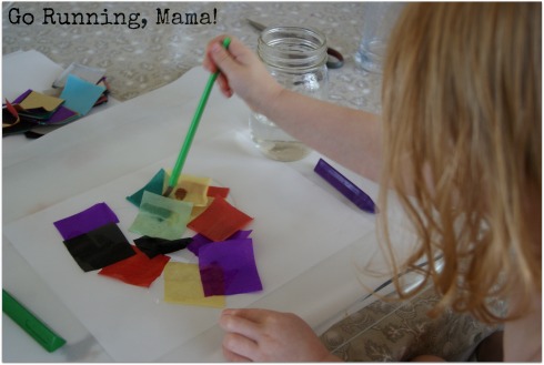 Heart Watercolor Mosaic Paintings- Paint free tissue paper paintings for inspired little minds at Go Running, Mama!